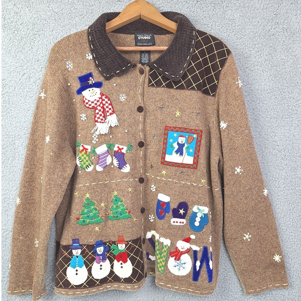 Designers Originals Cardigan‎ Womens Large Brown Embellished Holiday Sweater